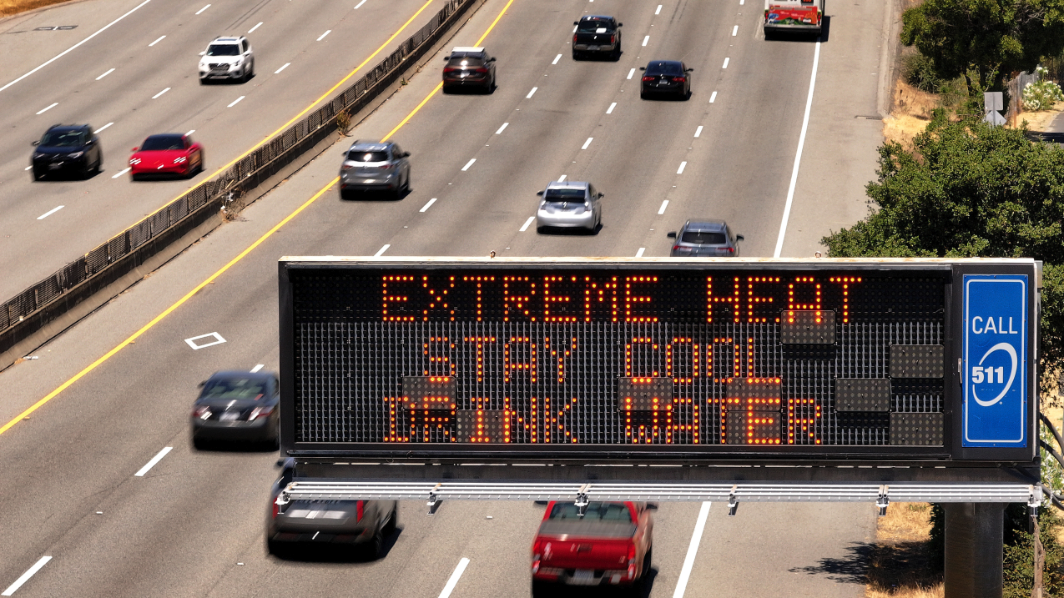 In an aerial view, a Caltrans changeable message sign on Highway 101 displays a warning about extreme heat on July 2, 2024 in Corte Madera, California. Much of California is experiencing an extended heat wave the will bring extreme temperatures to much of the state for the next week. (Image credit: Getty images)